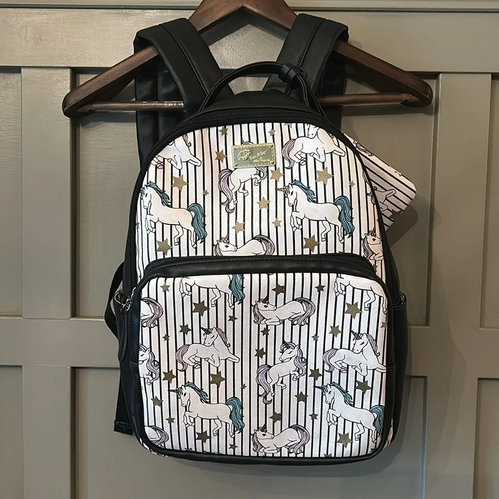 Betsey Johnson Unicorn Backpack Matching Clutch Pouch Faux Leather Black White
